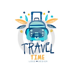 Travel time logo design, summer vacation, weekend tour, tourist agency creative label with suitcase vector Illustration