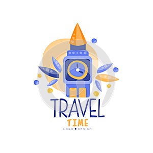 Travel time logo design, summer vacation, weekend tour, tourist agency creative label vector Illustration