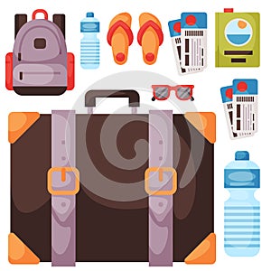 Travel time summer vacation vector accessory in flat style with traveling and tourism icons.