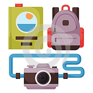 Travel time summer vacation vector accessory in flat style with traveling and tourism icons.