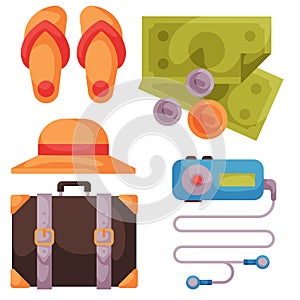 Travel time summer vacation vector accessory in flat style with traveling and tourism icons.