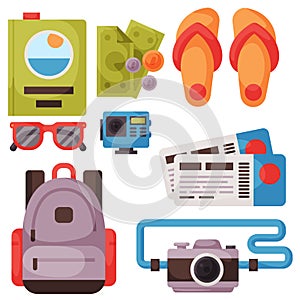 Travel time summer vacation vector accessory in flat style with traveling and tourism icons.