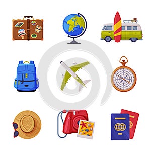 Travel Time with Tourism Attribute Like Globe, Airplane and Backpack Vector Set