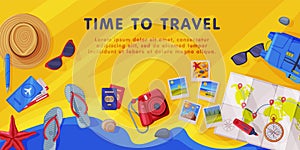 Travel Time with Tourism Attribute Like Map, Camera and Backpack Vector Background