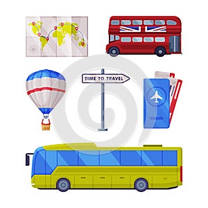 Travel Time and Tourism Symbol with Map, Bus, Tickets, Hot Air Balloon and Direction Post Vector Set