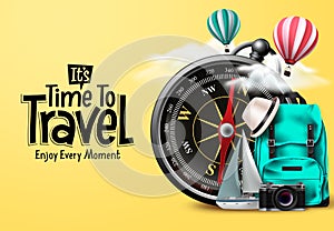 Travel time vector design. It`s time to travel text in yellow empty space with traveler compass elements