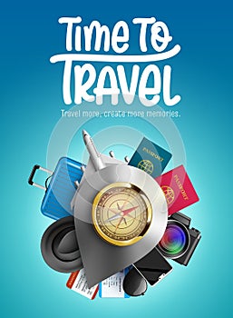 Travel time vector design. Time to travel text with compass, airplane, luggage bag and passport tourist flight elements.