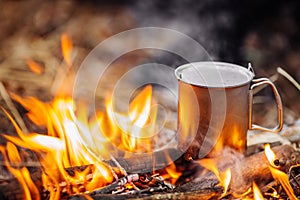 Viajar titanio taza sobre el madera sobre el Bosque. almuerzo durante 