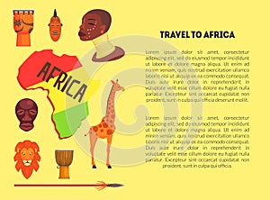 Travel to Africa Banner Template with Information Text, Map of Africa with Animals, Aboriginal and Cultural Signs Vector