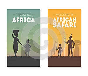 Travel to Africa, Welcome to African Safary Banner Templates Set with Silhouettes of Native Tribal People in Traditional