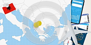 Travel to Albania concept, map with pin on map of Albania. Vacation preparation map, flag, passport and tickets