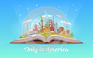 Travel to America. Open book with landmarks.