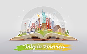 Travel to America. Open book with landmarks.
