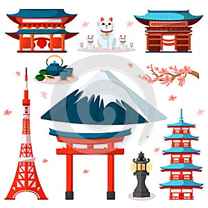 Travel to Asia, Japan icons and isolated design elements set. Vector Japanese and Tokyo culture symbols and landmarks