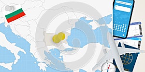 Travel to Bulgaria concept, map with pin on map of Bulgaria. Vacation preparation map, flag, passport and tickets