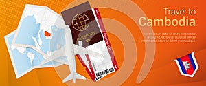Travel to Cambodia pop-under banner. Trip banner with passport, tickets, airplane, boarding pass, map and flag of Cambodia