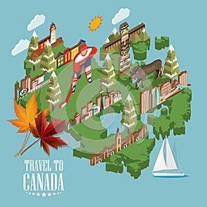 Travel to Canada. Light design. Canadian vector illustration with 3d map. Retro style. Travel postcard.