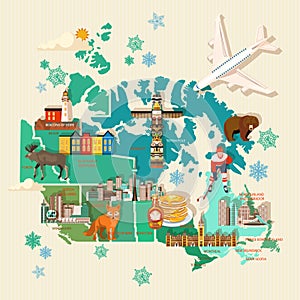 Travel to Canada. Light design. Canadian vector illustration with map and airplane. Retro style. Travel postcard.