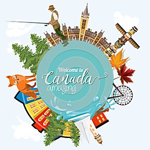 Travel to Canada. Light design. Circle shape. Canadian vector illustration. Retro style. Travel postcard.