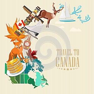 Travel to Canada. Light design. Colorful Postcard. Canadian vector illustration. Retro style. Travel postcard.