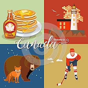 Travel to Canada. Light design. Colorful set. Canadian vector illustration. Retro style. Travel postcard.