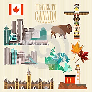 Travel to Canada. Light design. Set with canadian cities. Canadian vector illustration. Retro style. Travel postcard.