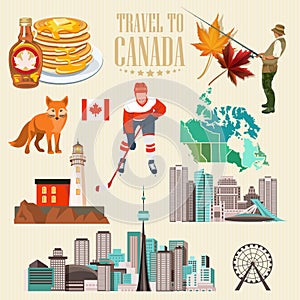 Travel to Canada. Light design. Set. Canadian vector illustration. Retro style. Travel postcard.