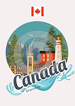 Travel to Canada. Postcard. Canadian vector illustration with canadian flag. Retro style. Travel postcard.