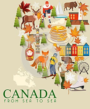 Travel to Canada. Postcard. Canadian vector illustration. Retro style. Travel postcard.