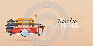 Travel to China. Airplane with Attractions. Travel banners. Flat style.