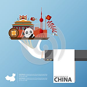 Travel to China infographic. Set of flat icons of Chinese architecture, food, traditional symbols.