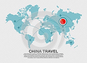 Travel to China poster with world map and flying plane route business background tourism destination concept