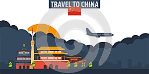 Travel to China. Travel and Tourism banner. Clouds and sun with