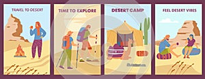 Travel to desert and camp for tourists banners set, flat vector illustration.