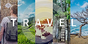 Travel to different places of the earth with a diverse nature. Concept of life as a journey. Collage of photos with text