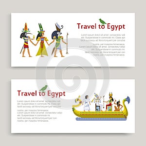 Travel to Egypt inscription banner set, ancient egyptian pattern, design cartoon style vector illustration, isolated on