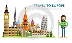 Travel to Europ banner with famous attractions