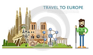 Travel to Europ banner with famous attractions