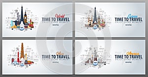 Travel to Europe, Asia and America. Time to Travel. Banner with airplane and hand-draw doodles on the background. Vector