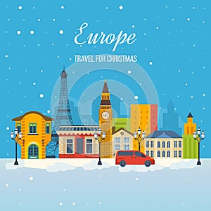 Travel to Europe for christmas. Merry Christmas greeting card design.