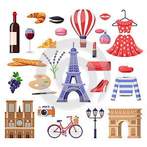 Travel to France design elements. Paris tourist landmarks, fashion and food illustration. Vector cartoon isolated icons