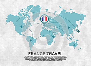 Travel to France poster with world map and flying plane route business background tourism destination concept