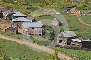Travel to Georgia. Caucasus Village. Traditional wooden houses. Village is located on the green slopes