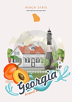 Travel to Georgia USA banner. Peach state vector poster. Travel background in flat style.