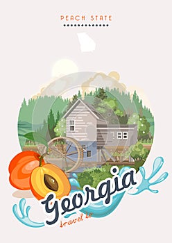 Travel to Georgia USA illustration. Peach state vector poster. Travel background in flat style.