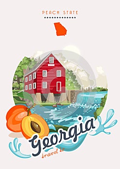 Travel to Georgia USA postcard. Peach state vector poster. Travel background in flat style.