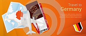 Travel to Germany pop-under banner. Trip banner with passport, tickets, airplane, boarding pass, map and flag of Germany