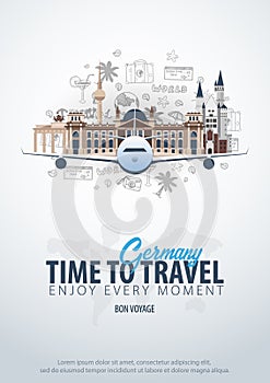 Travel to Germany. Time to Travel. Banner with airplane and hand-draw doodles on the background. Vector Illustration.