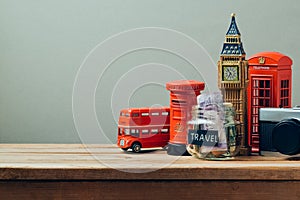 Travel to Great Britain concept with souvenirs. Planning summer vacation