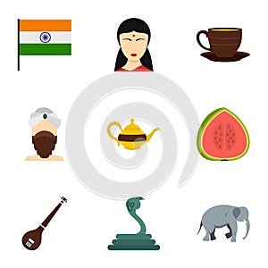 Travel to India icon set, flat style